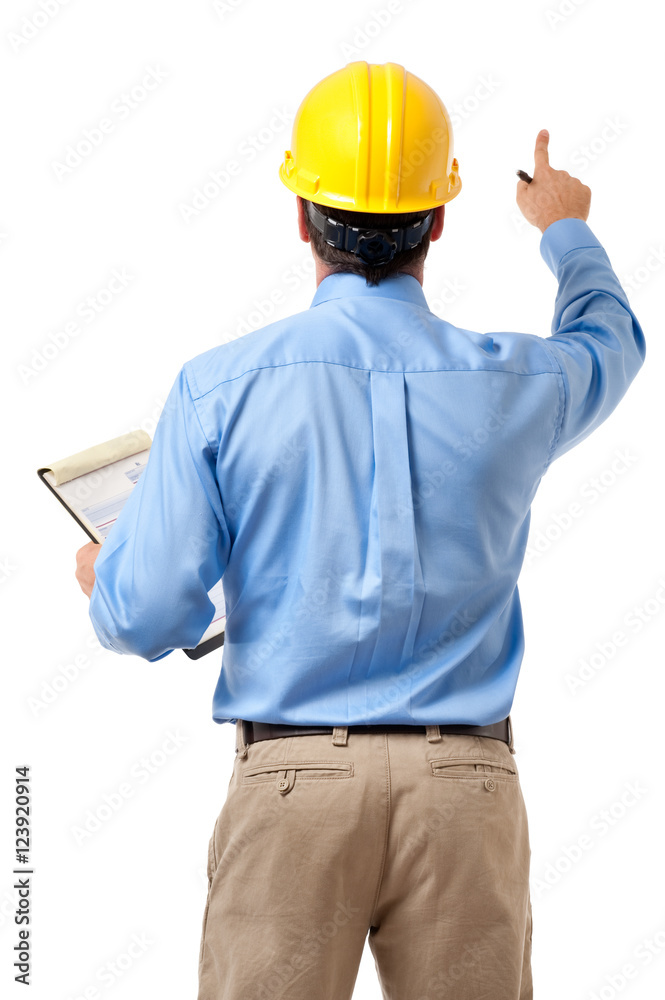 From behind rear-view construction building contractor architect engineer businessman with clipboard isolated on white background From behind rear-view construction building contractor architect engineer businessman with clipboard isolated on white background