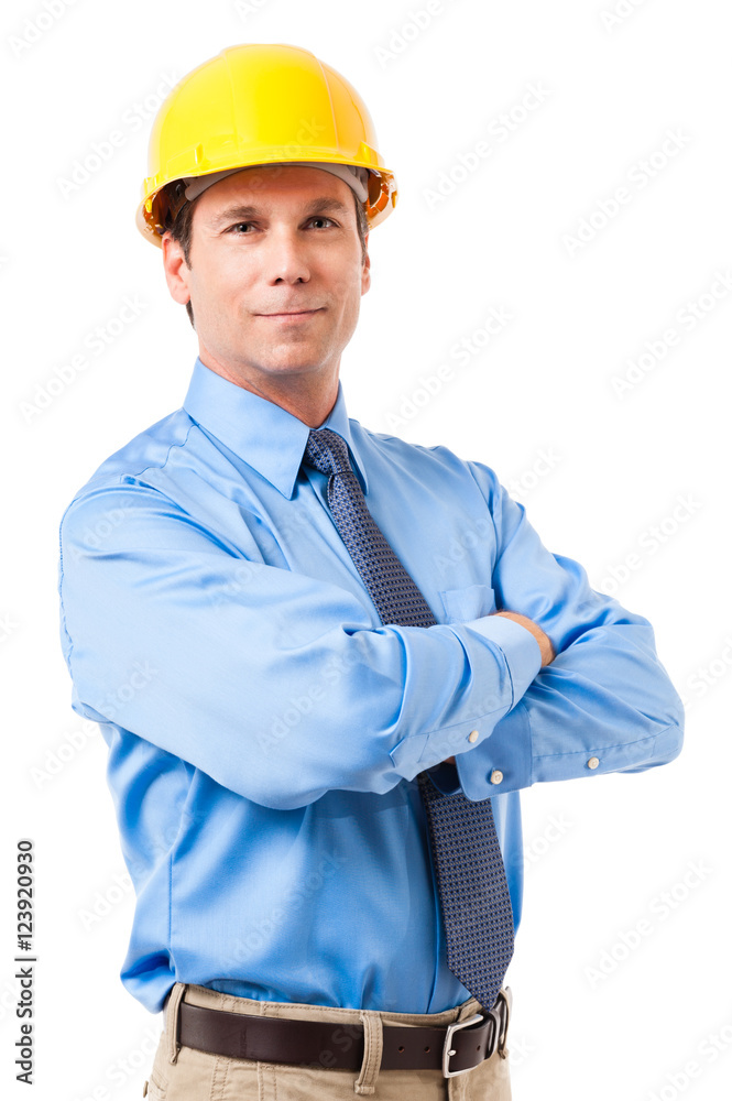 Architect engineer construction contractor businessman in hard hat with shirt and tie isolated on white background Architect engineer construction contractor businessman in hard hat with shirt and tie isolated on white background