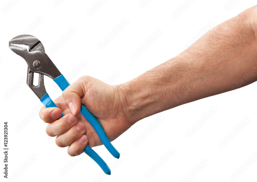 Man's arm hand holding channel lock pliers isolated on white background Man's arm hand holding channel lock pliers isolated on white background