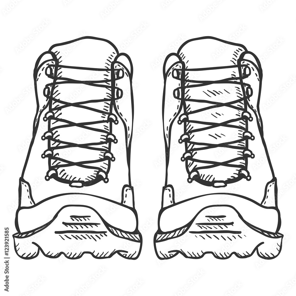 Vector Sketch Illustration - Extreme Hiking Boots. Front View Stock Vector  | Adobe Stock