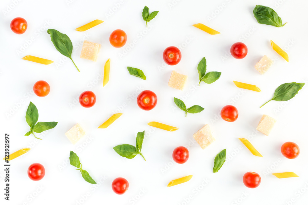 Italian food pattern with red tomatoes, pasta, basil leafs, cheese, isolated on white background