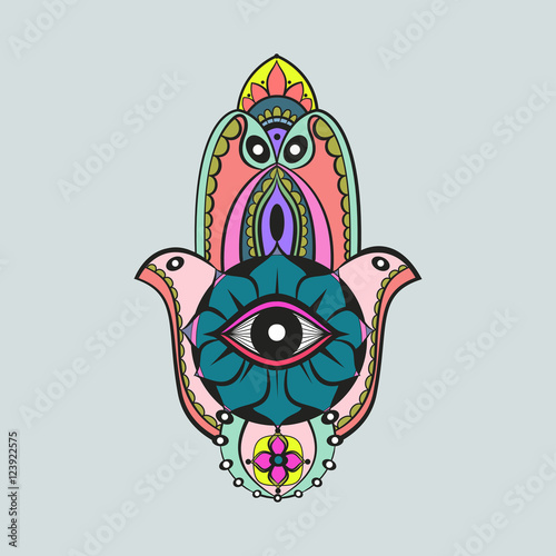 Colorful candycolor bright hamsa Fatima hand protection symbol on grey background