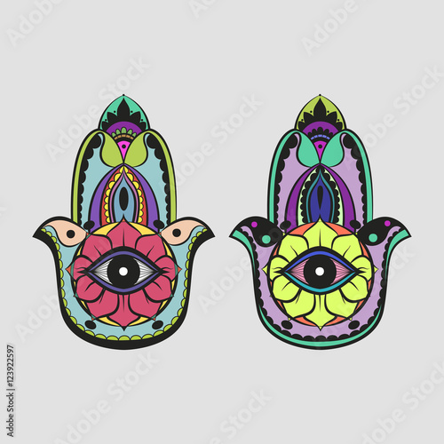 Colorful bright candycolor hamsa Fatima hand protection symbol on white background