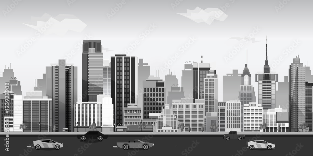 Fototapeta premium Black and white Landscape for game. Seamless cartoon . vector unending background.