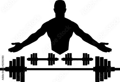 silhouette of muscular man and weights. vector illustration