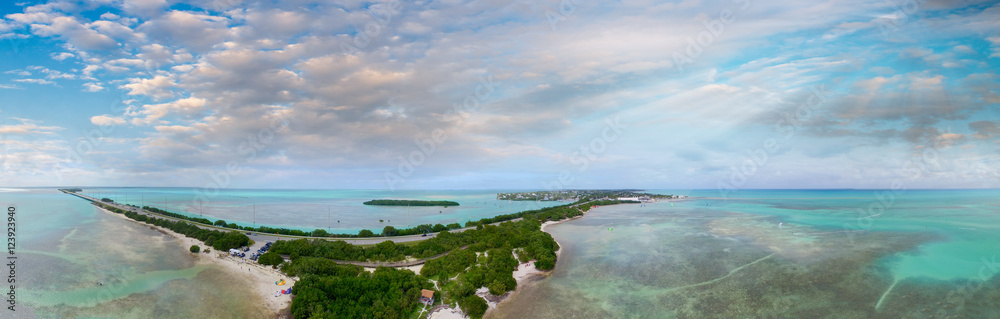 Overseas Highway and Florida Keys coastline, aerial sunset view