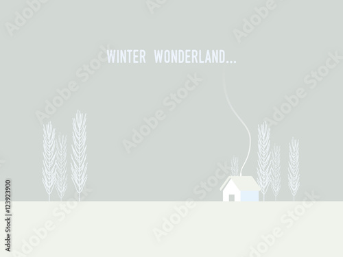 Winter Christmas wonderland with minimalistic style house and trees.