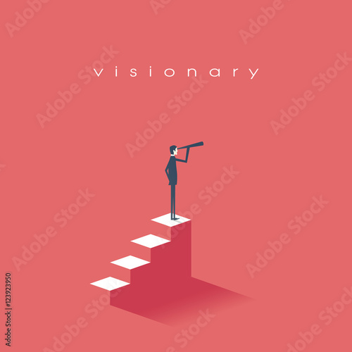Vision concept in business with vector icon of businessman and telescope, monocular. Symbol leadership, strategy, mission, objectives.