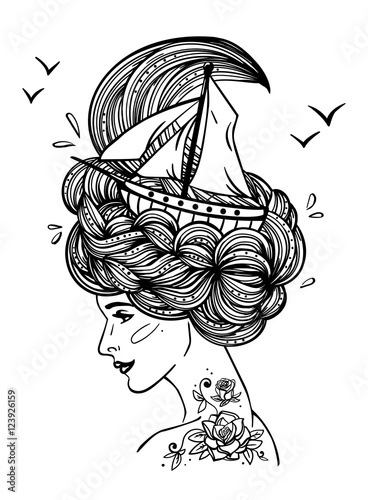 Page with print for adult coloring book. Hand drawn portrait of a dreaming young beautiful woman with ship in waves of curly swirly sea-like hair and rose tattoo. Tattoo, zentangle, fashion, marine.