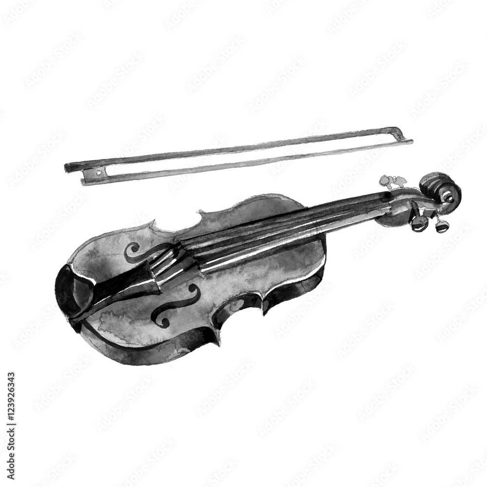 Obraz premium Black violin detailed sketch, Isolated on white