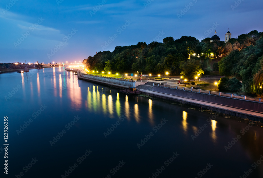 View of the city of Gomel city park in night illumination
