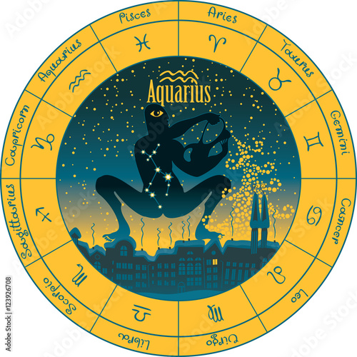 aquarius on the background urban night landscape and the starry sky in circle with the signs of the zodiac