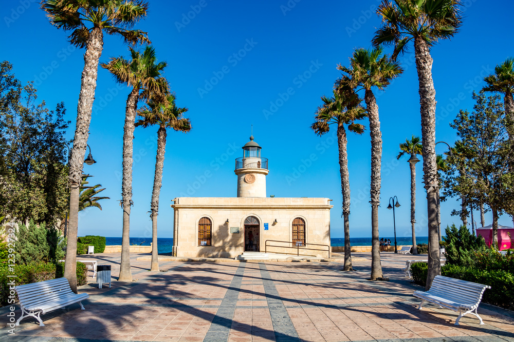 View of lighthouse in Roquetas de Mar, Almeria province, Andalusia, Spain