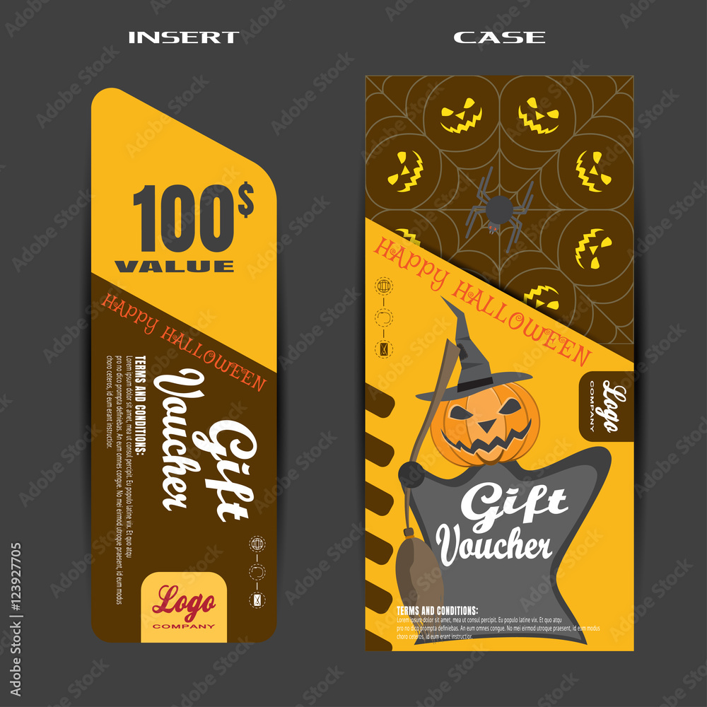 Naklejka premium Vector gift voucher to Halloween sale with insert on the brown background.
