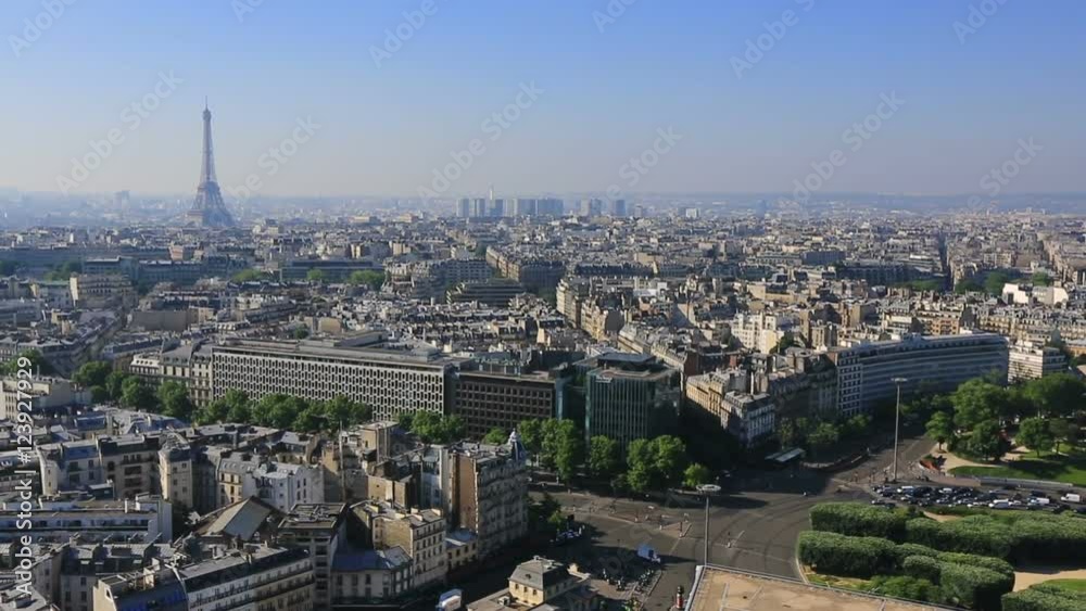 Aerial view of Eiffel Tower with Paris skyline 