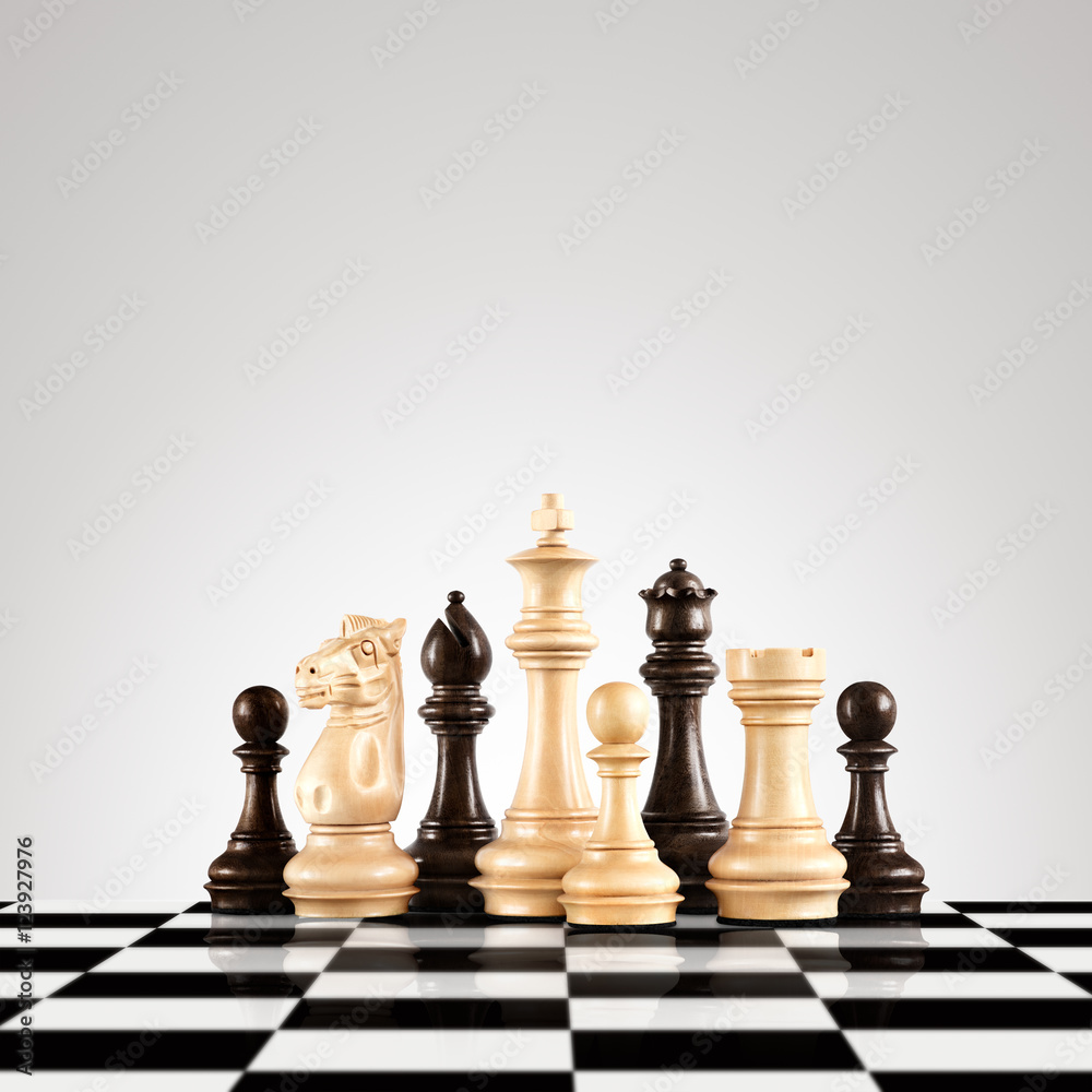 Black and white / Strategy and leadership concept; black and white wooden chess figures standing on the board ready for game.