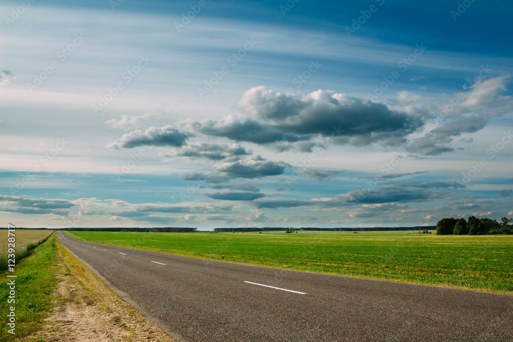 High-speed highway empty asphalt, field, landscape