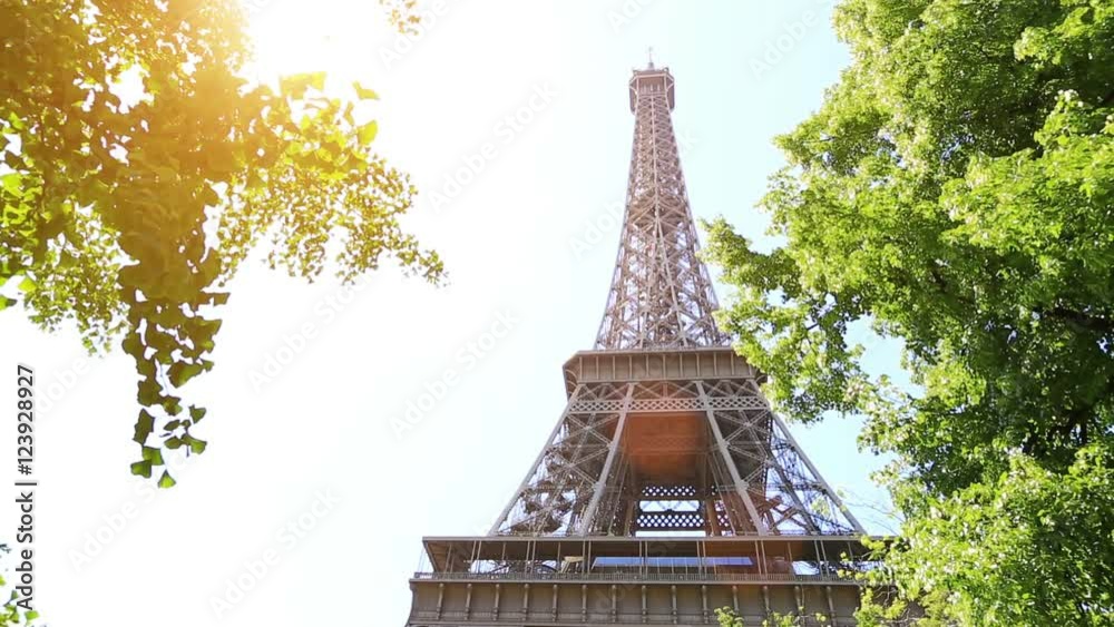 Looking up at Eiffel tower in Paris, France 