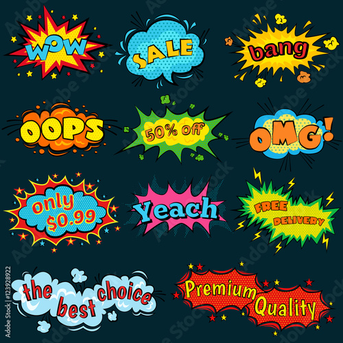 Comic sound effects in pop art vector style. Sound bubble speech with word and comic cartoon expression sounds illustration