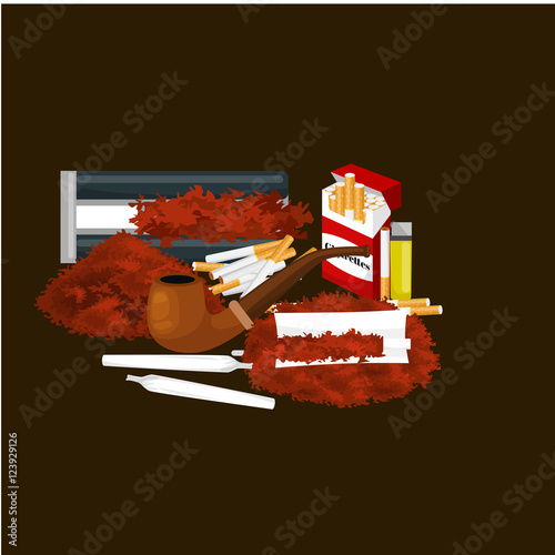 Smoking wooden pipe with tobacco for rolled cigarette and pack smoking equipment vector illustration