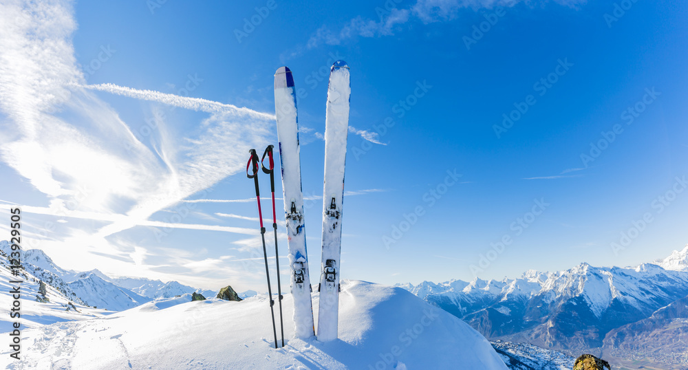 Ski in winter season, mountains and ski touring equipments on th - obrazy, fototapety, plakaty 