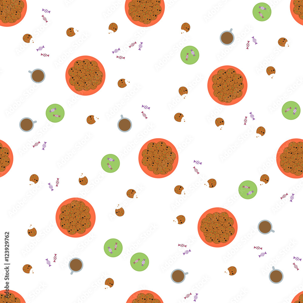 Seamless pattern with cookie, candy and coffee. Vector color background. Seamless pattern with cookie, candy and coffee. Vector color background.