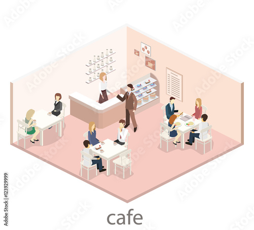 Isometric interior of sweet-shop. People sit at the table and eating.