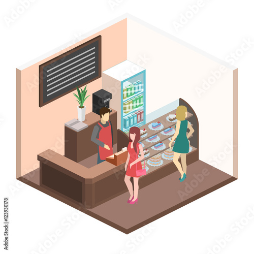 Isometric interior of sweet-shop. People sit at the table and eating.