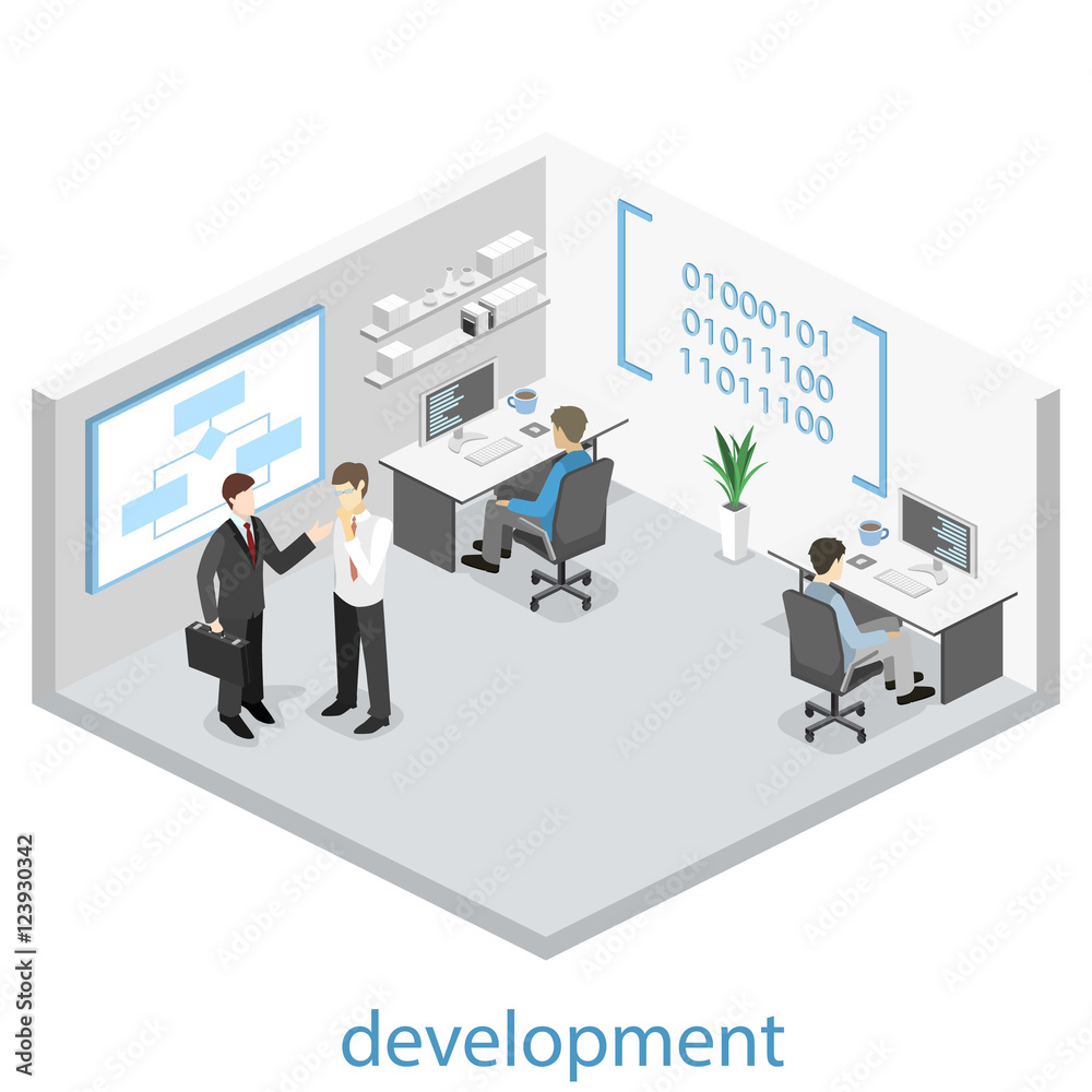 Flat 3D vector isometric concept illustration of office software developer and teamwork. . Flat 3D vector isometric concept illustration of office software developer and teamwork. .