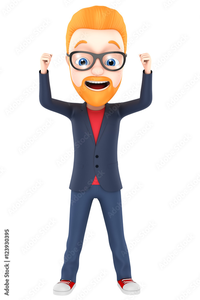 Cheerful man with red hair on a white background celebrates vict