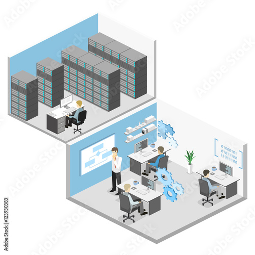 Flat 3D vector isometric concept illustration of office software developer and teamwork. .