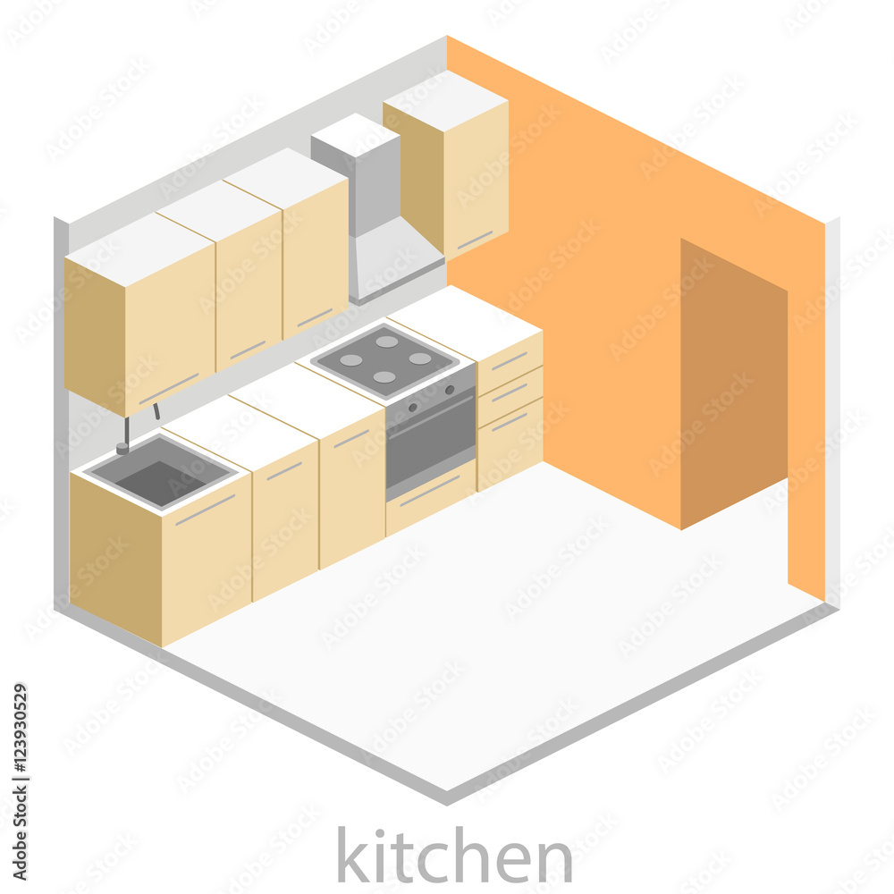 Isometric flat 3D interior of kitchen. full set of kitchen furniture vector ilustration.