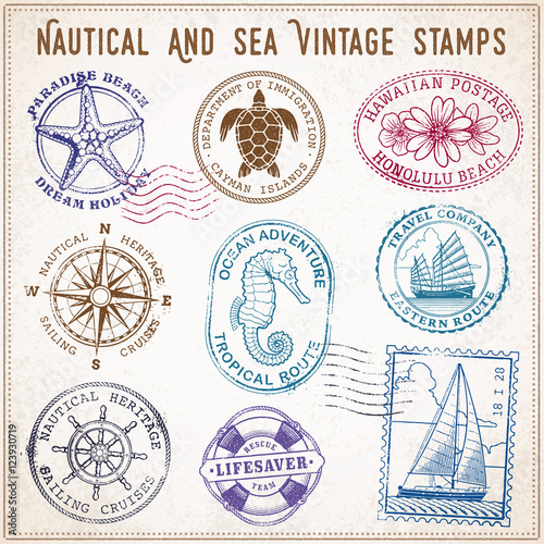 vector sea journey vintage stamps