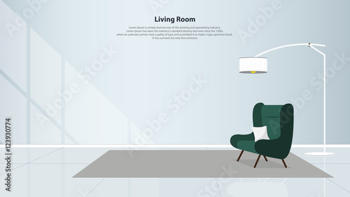 Home interior design with furniture. Modern living room with green armchair, table, lamps and carpet in flat design. Minimal style. Vector illustration.