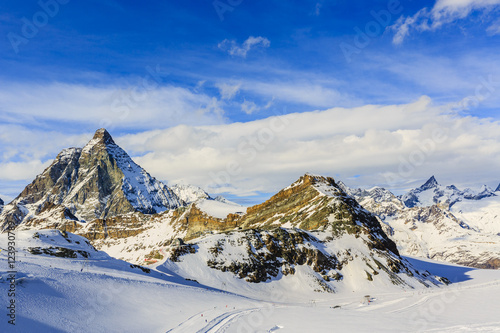 Panoramic view of Matterhorn on a clear sunny winter day, Zermat