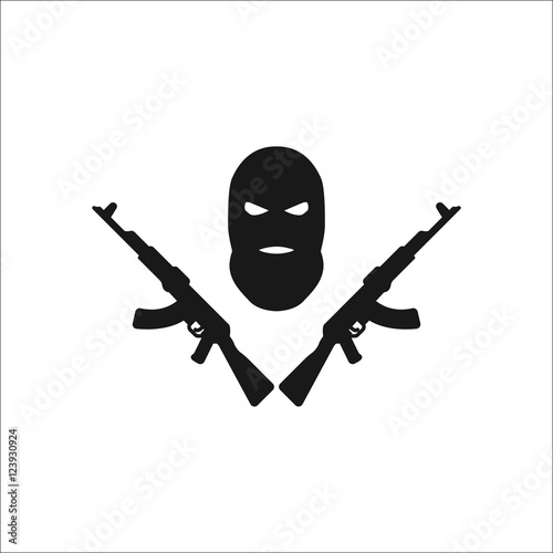 Terrorist balaclava mask ak symbol silhouette icon on background