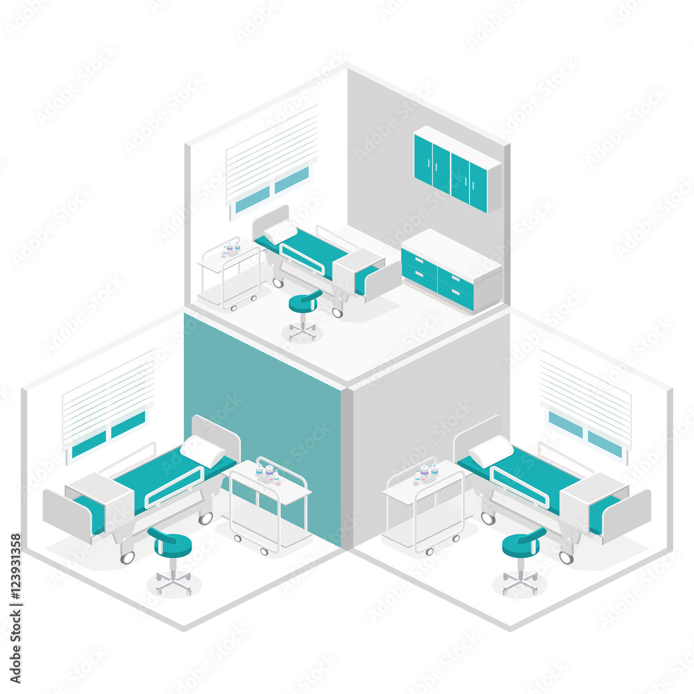 Isometric flat interior of hospital room. Isometric flat interior of hospital room.