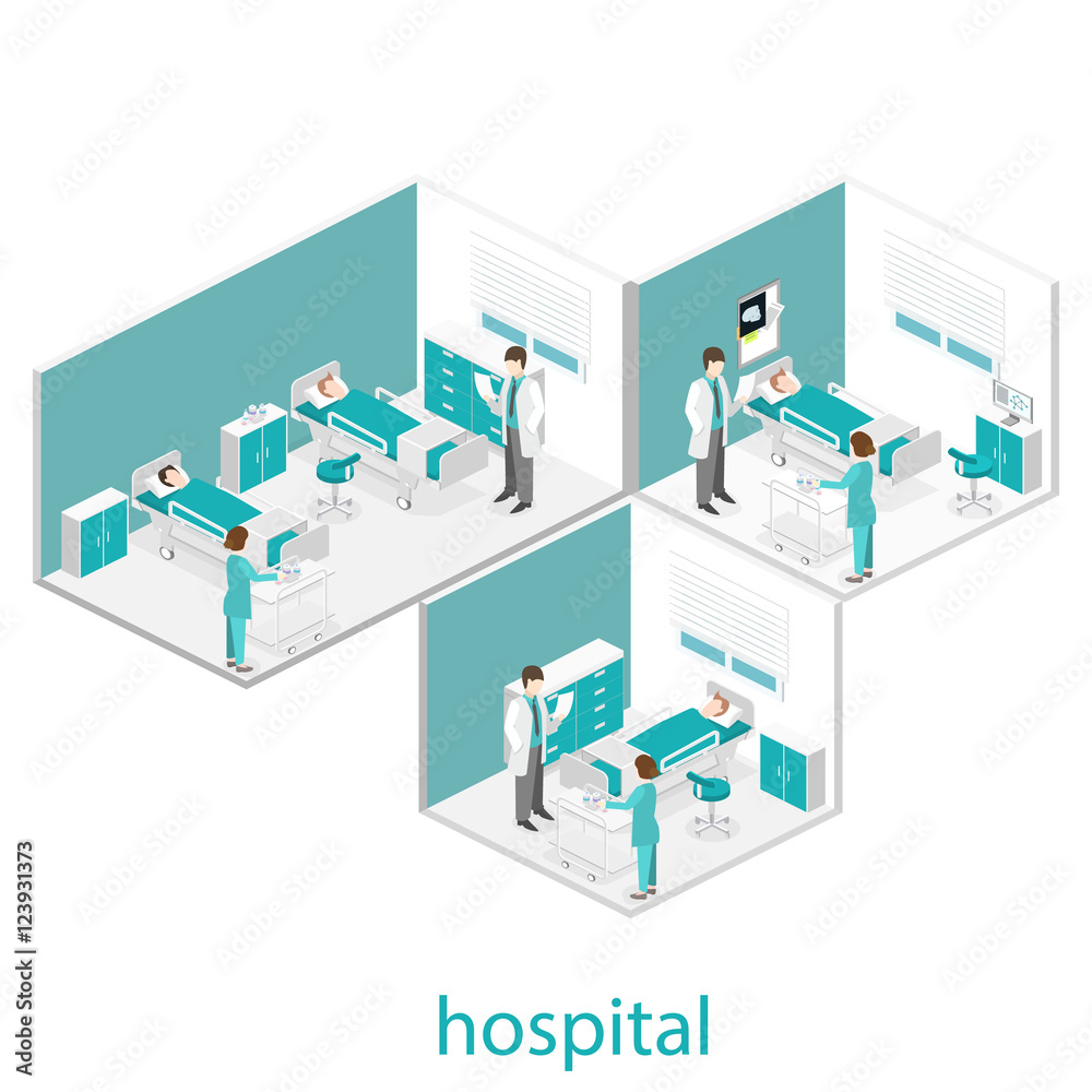 Isometric flat interior of hospital room. Doctors treating the patient.