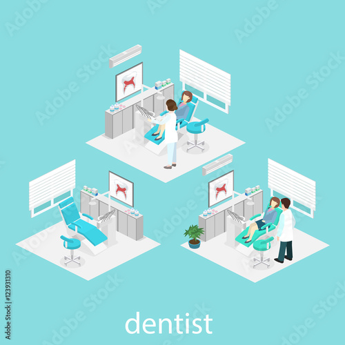Isometric flat interior of dentist's office.