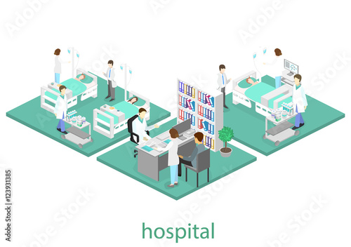 Isometric flat interior of hospital room. Doctors treating the patient. Flat 3D illustration