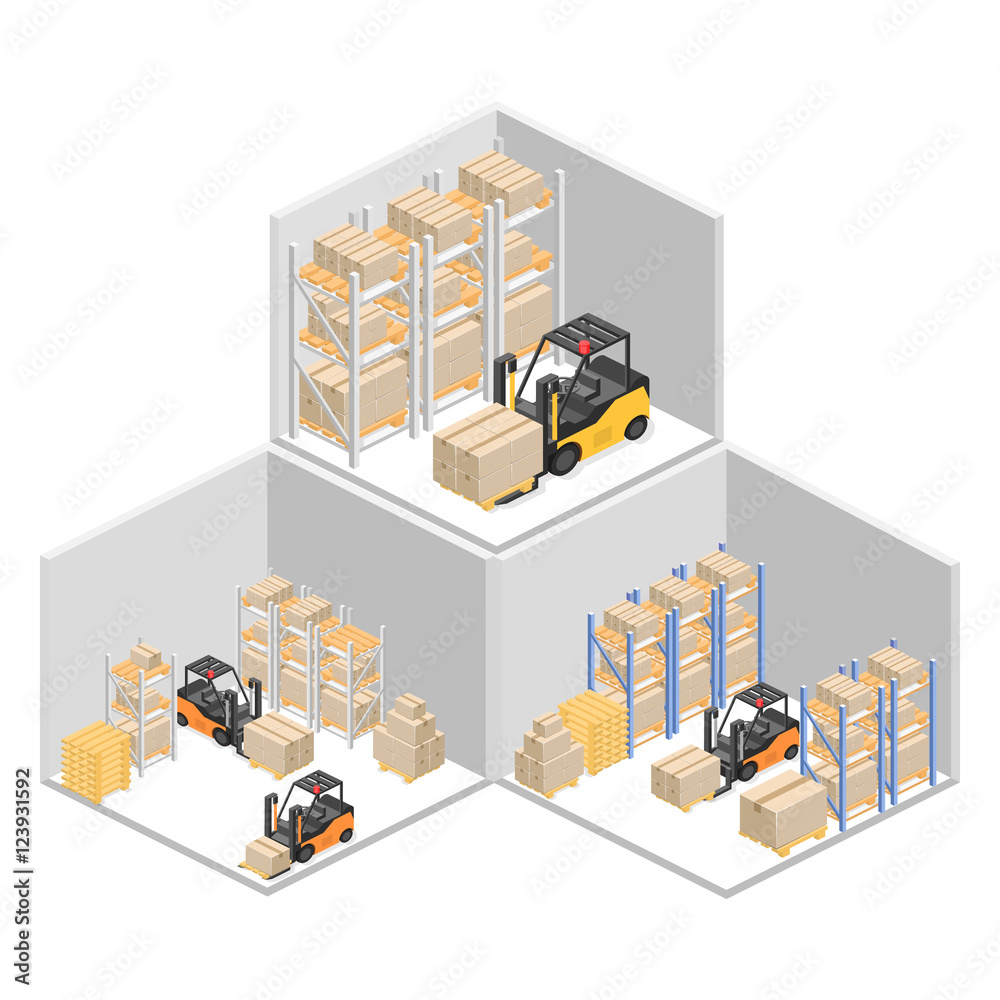 isometric interior of warehouse. The boxes are on the shelves. Flat 3d illustration.