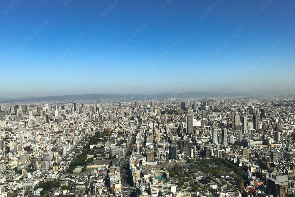Fototapeta premium OSAKA JAPAN - 15 OCTOBER, 2016: Osaka city view from Abeno Harukas building in Tennoji. Abeno Harukas is a multi-purpose commercial facility and is the tallest building in Japan.