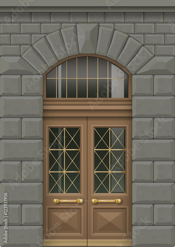Classic facade with wooden door in a classic style. Vector graphics