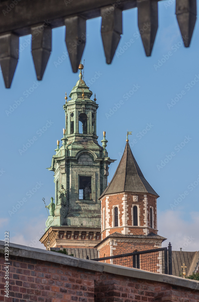 Wawel cathedral towers seen through the gate, Krakow, Poland