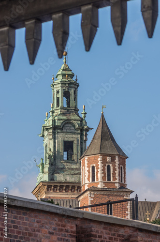Wawel cathedral towers seen through the gate, Krakow, Poland
