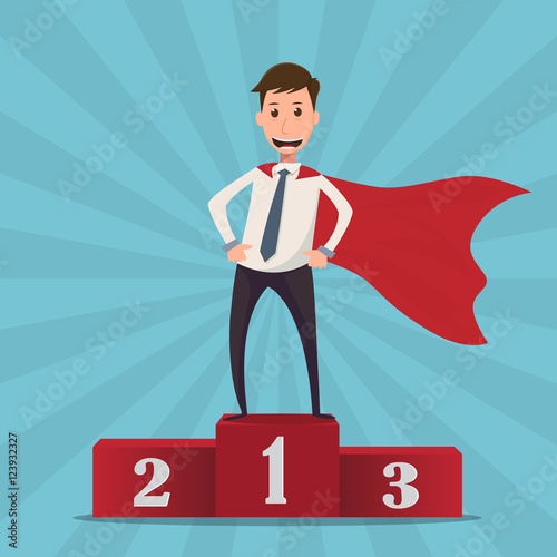 Businessman superhero standing on the winning podium - vector illustration