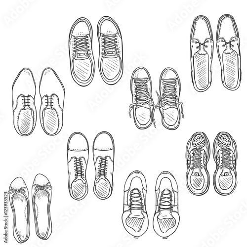 Vector Set of Sketch Shoes Items. Top View Collection