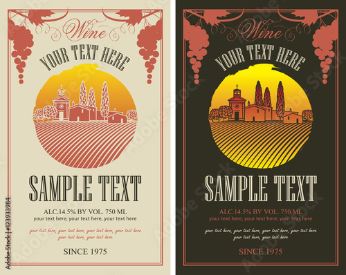 wine labels set with a landscape of vineyards