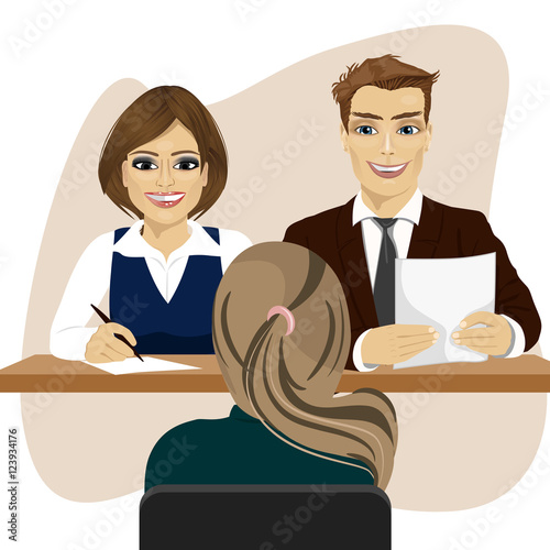 business staff sitting at office desk, interview with woman candidate for recruitment job