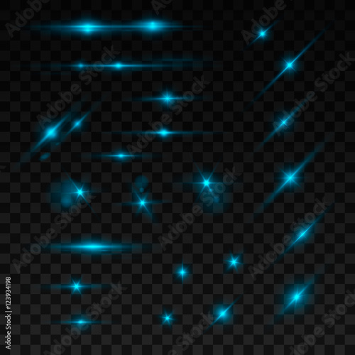 Glowing lights and stars. Isolated on black transparent background.

